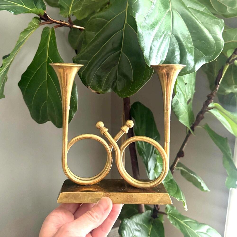 Vintage Enesco Brass French Horn Double Candleholder - Midcentury Shelf Decor